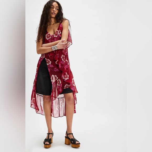 Free People Dresses & Skirts - Floral High-Low Ruffle Tank Dress - Berry Floral
